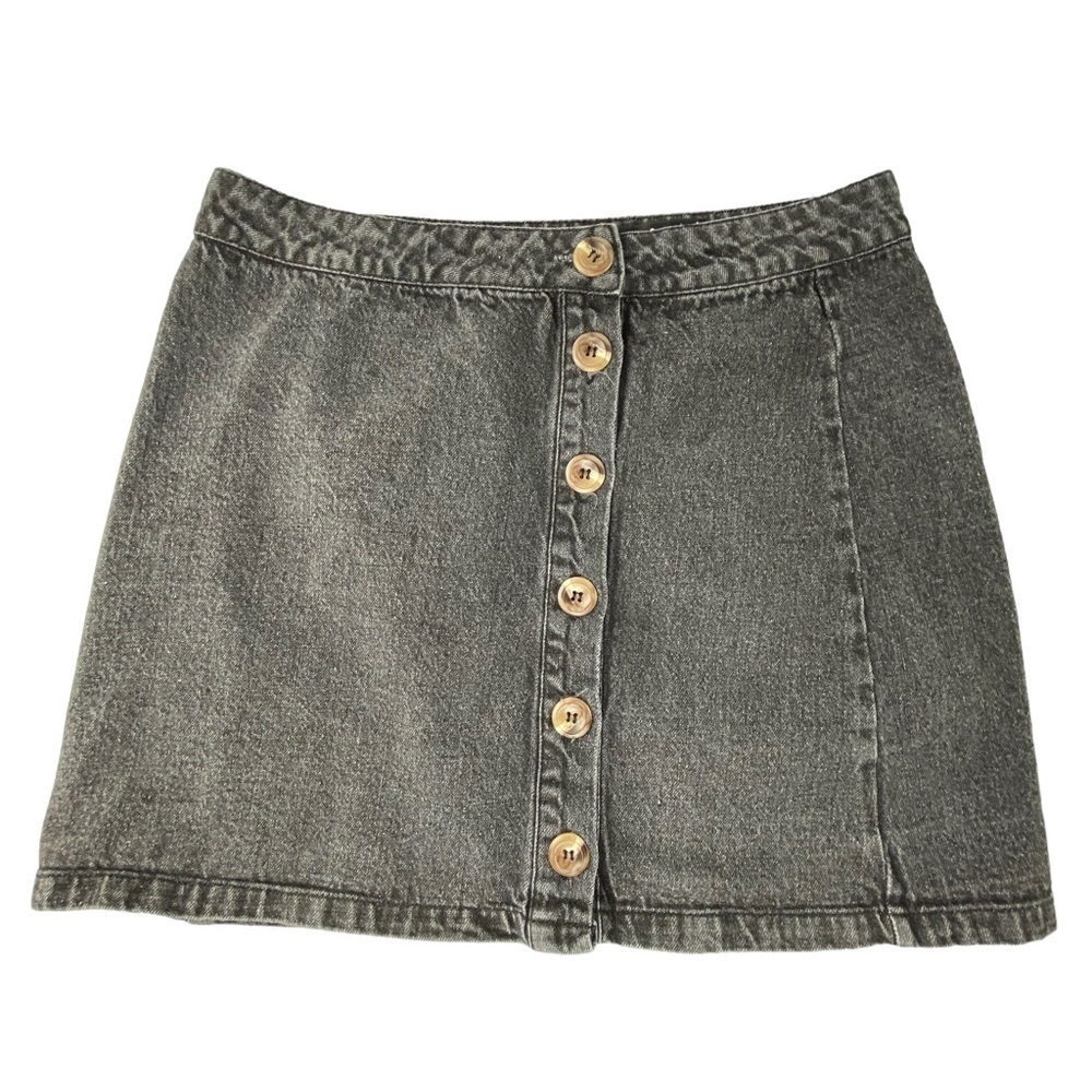 Lulus black faded denim button front flare mini skirt, M